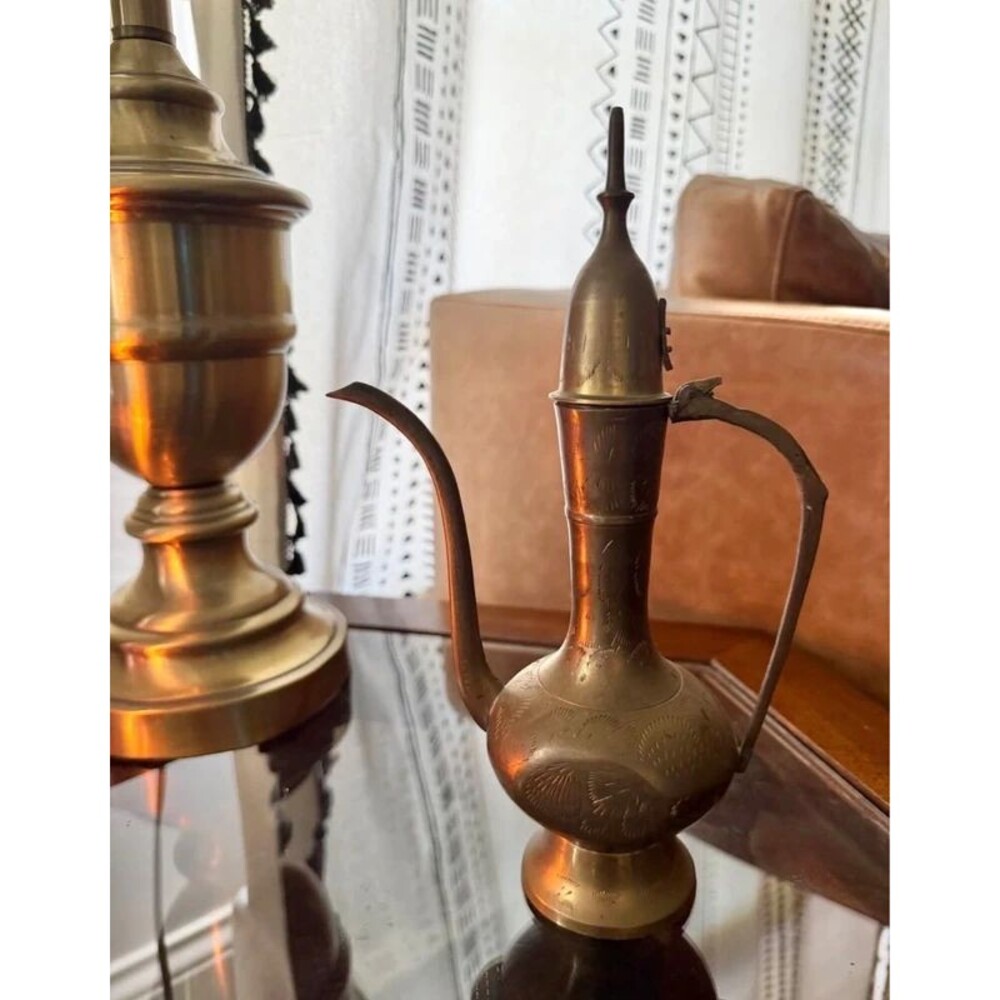 Vintage engraved brass ewer | 10”